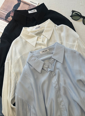 蓝色凉感冰丝肌理感防晒衬衫女夏季轻薄透气休闲百搭纯色长袖衬衣