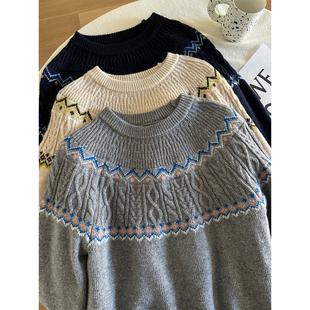 费列岛复古提花浣熊套头毛衣女秋冬季 宽松慵懒风圆领绵羊毛针织衫