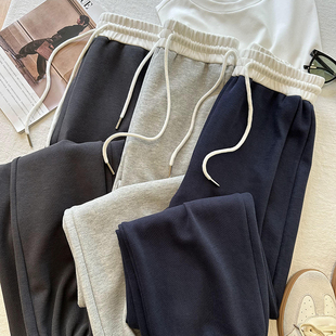 长裤 撞色拼接腰头阔腿运动裤 束脚卫裤 宽松百搭直筒休闲裤 子 女秋季