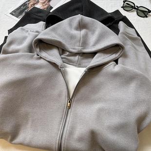 重磅磨毛拉绒廓形双拉链卫衣女冬季 加绒加厚保暖休闲连帽外套 新款