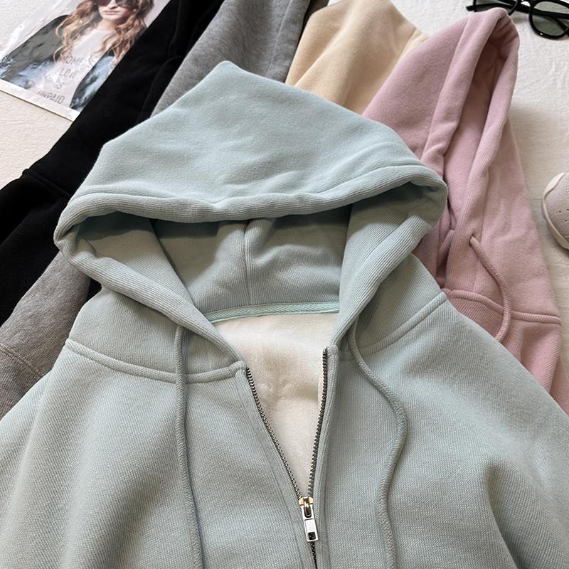 纯色加绒卫衣慵懒风宽松连帽开衫