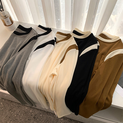 长袖通勤薄款拼接撞色羊绒女