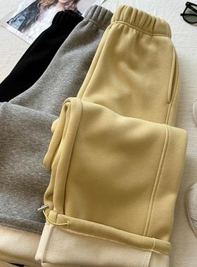 一条过冬加绒加厚两穿阔腿裤女冬季松紧腰宽松直筒休闲裤运动卫裤