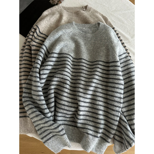 含羊毛套头条纹毛衣女秋季上衣
