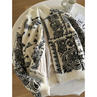 艺术感腰果花提花图纹羊羔毛外套女2025秋冬复古立领保暖毛呢外套
