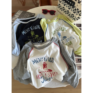 防晒衫 美式 T恤女宽松慵懒薄款 长袖 夏 复古做旧字母印花圆领插肩袖