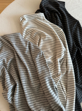 韩系条纹半高领长袖T恤女2025秋冬新款休闲百搭显瘦弹力打底上衣