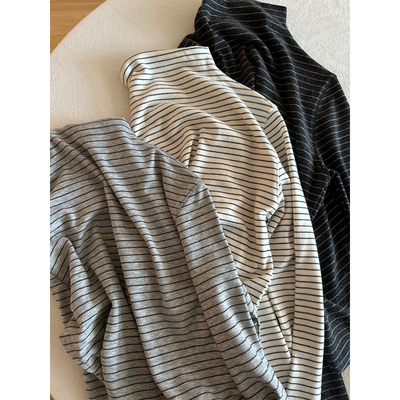 韩系条纹半高领长袖显瘦打底T恤