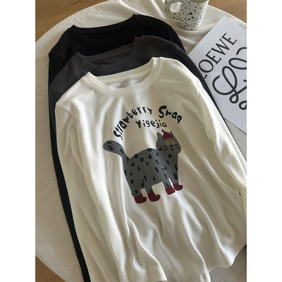 软糯双面澳绒猫咪印花长袖T恤女