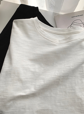 竹节棉白色短袖T恤女夏季简约黑色百搭圆领宽松纯棉中长款打底衫