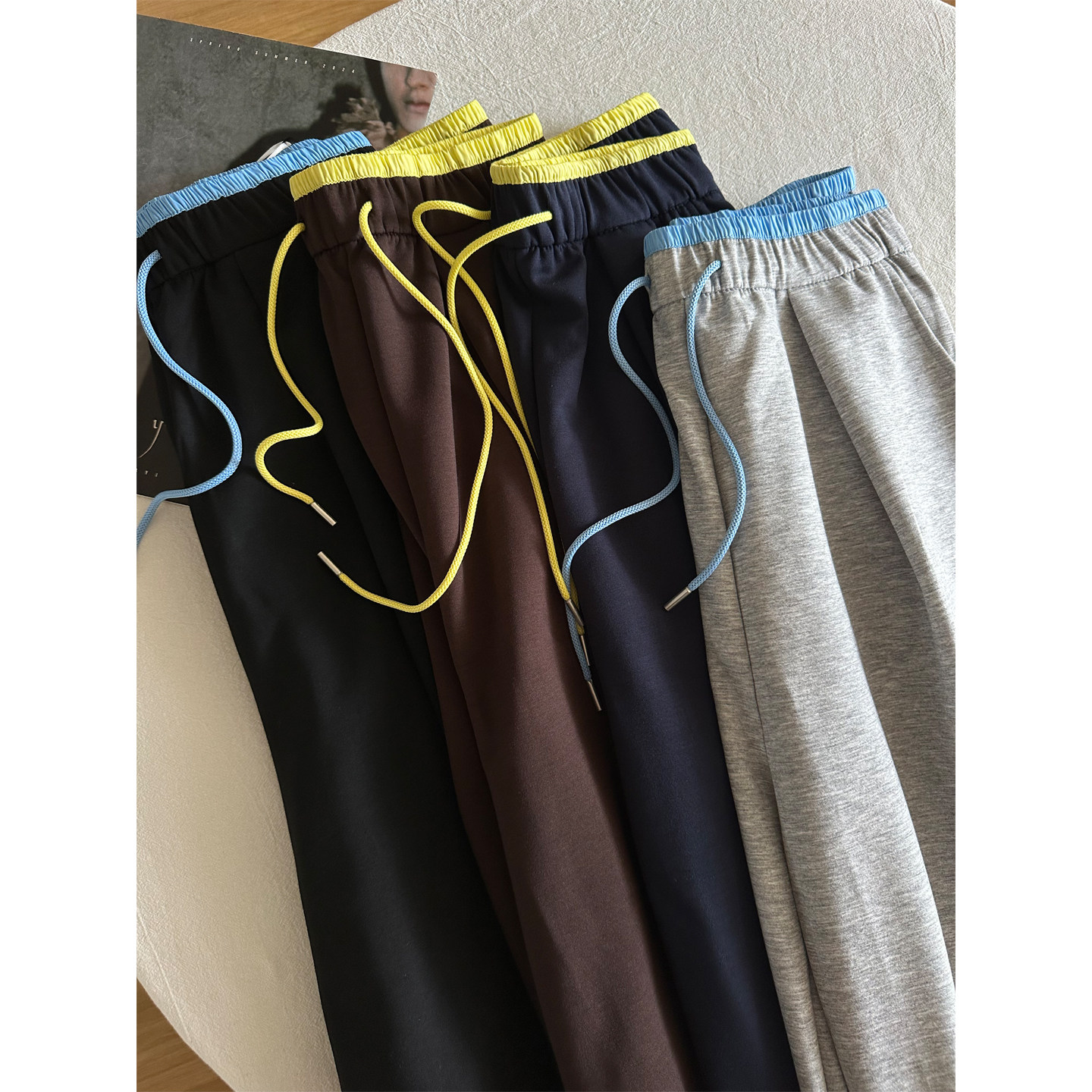 撞色腰头空气层阔腿裤女2025秋季宽松显瘦百搭抽绳直筒裤拖地长裤,女装/女士精品,休闲裤,淘宝优惠券,粉丝福利购,淘宝优惠卷