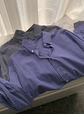 复古港味蓝色条纹长袖衬衫女秋季设计感宽松显瘦防晒衬衣叠穿上衣