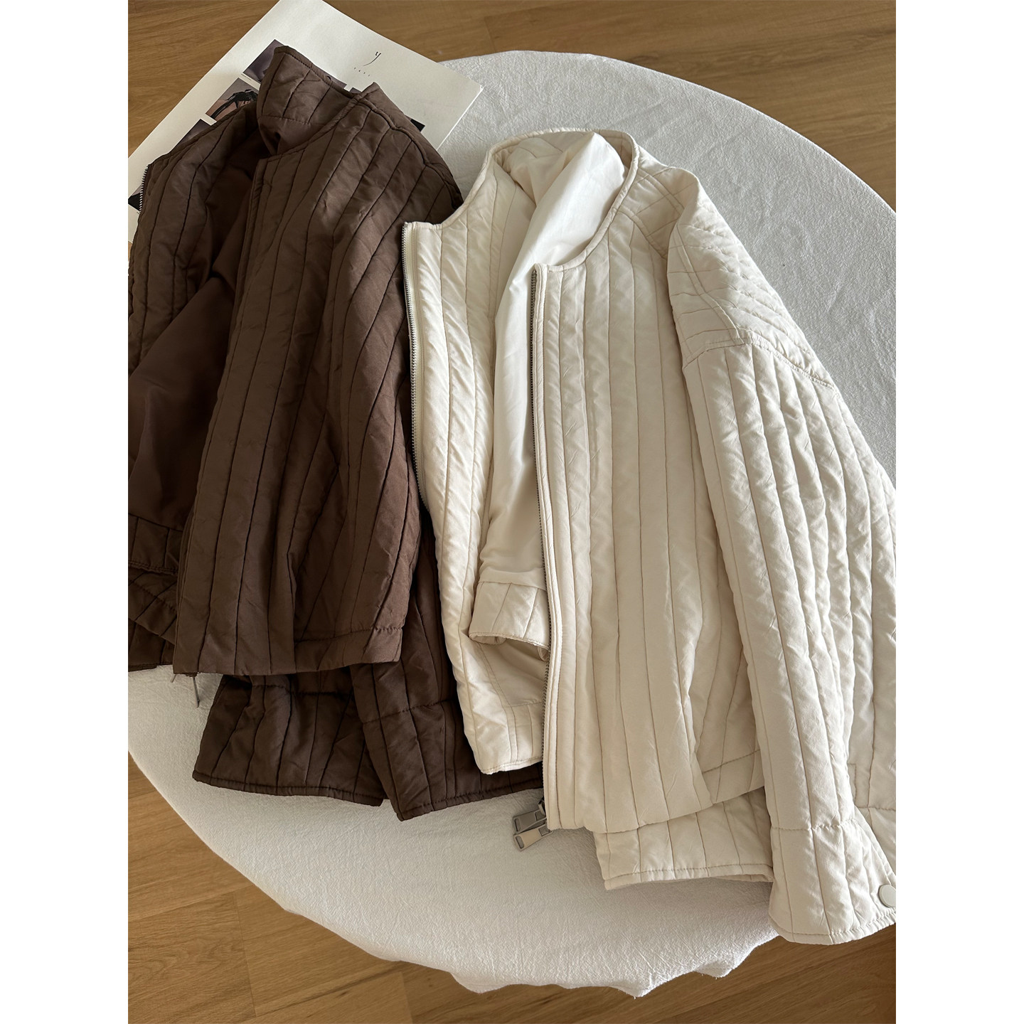 复古设计感小众宽松休闲圆领条纹夹棉外套女秋冬轻薄小棉服棉袄,女装/女士精品,短外套,淘宝优惠券,粉丝福利购,淘宝优惠卷