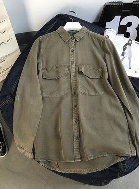 2026春季新款韩版休闲宽松BF风复古做旧水洗天丝中长款牛仔衬衫女