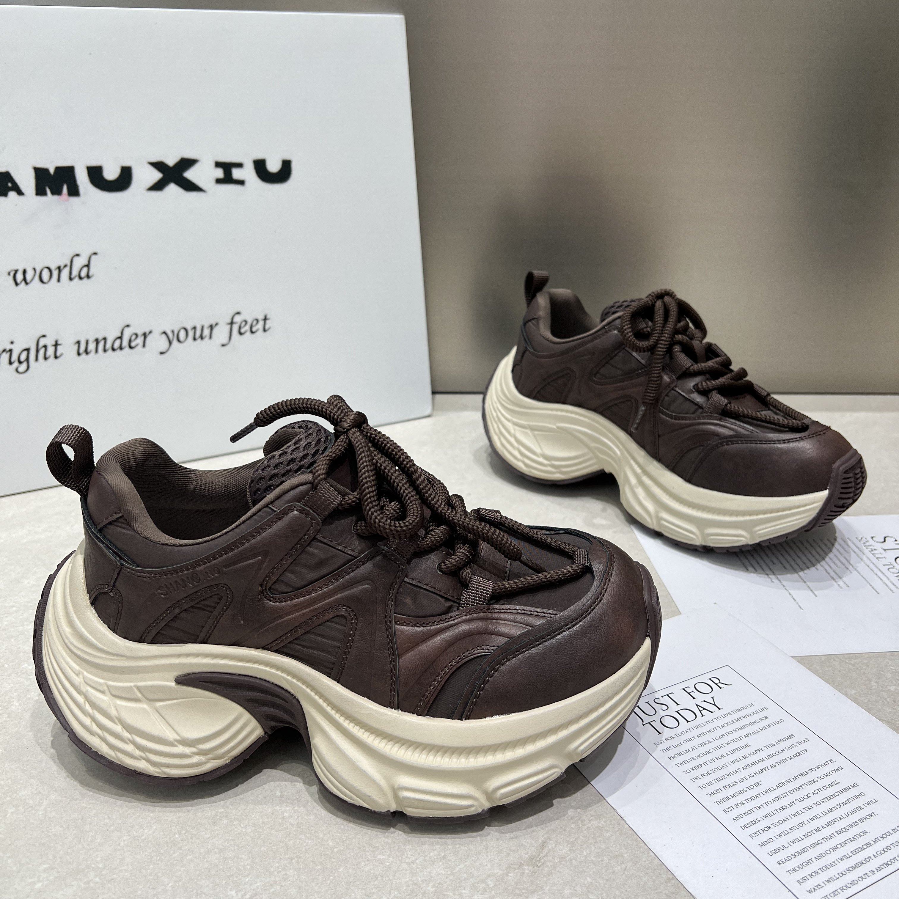 [明星同款]2025年秋季新款真皮复古做旧厚底增高系带百搭休闲运动,女鞋,老爹鞋,淘宝优惠券,粉丝福利购,淘宝优惠卷