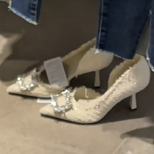 [明星同款]2025秋冬高跟鞋女网红新款细跟水钻方扣尖头小香风女鞋