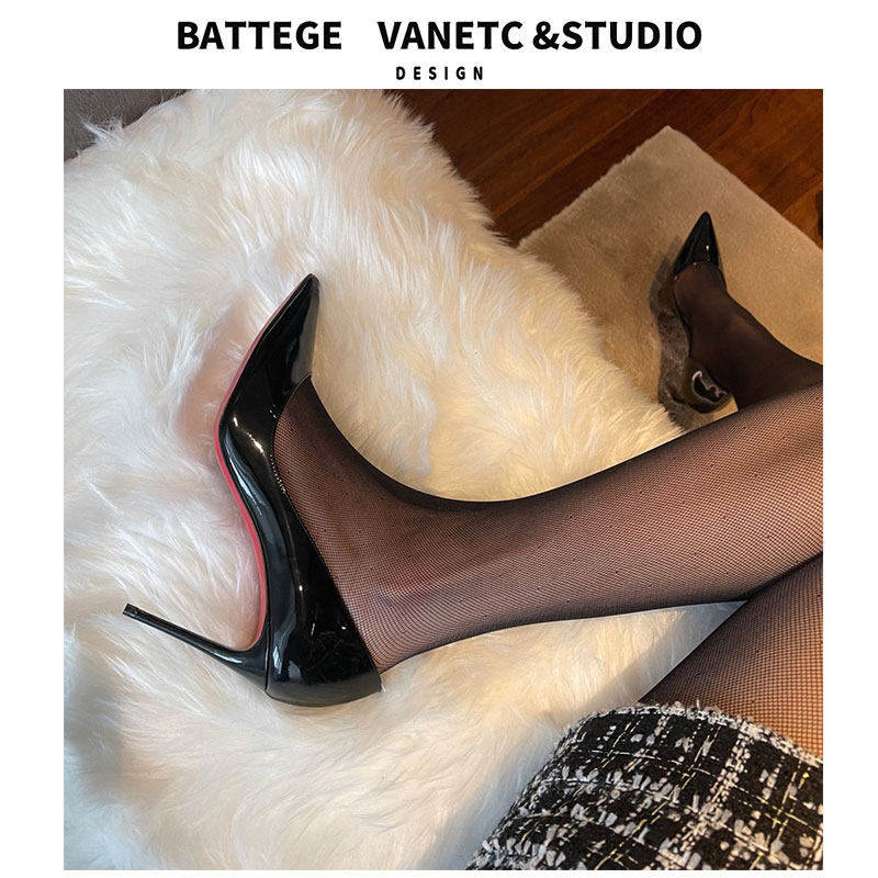 [明星同款]黑色尖头红底高跟鞋女2024早春新款真皮法式性感细跟百