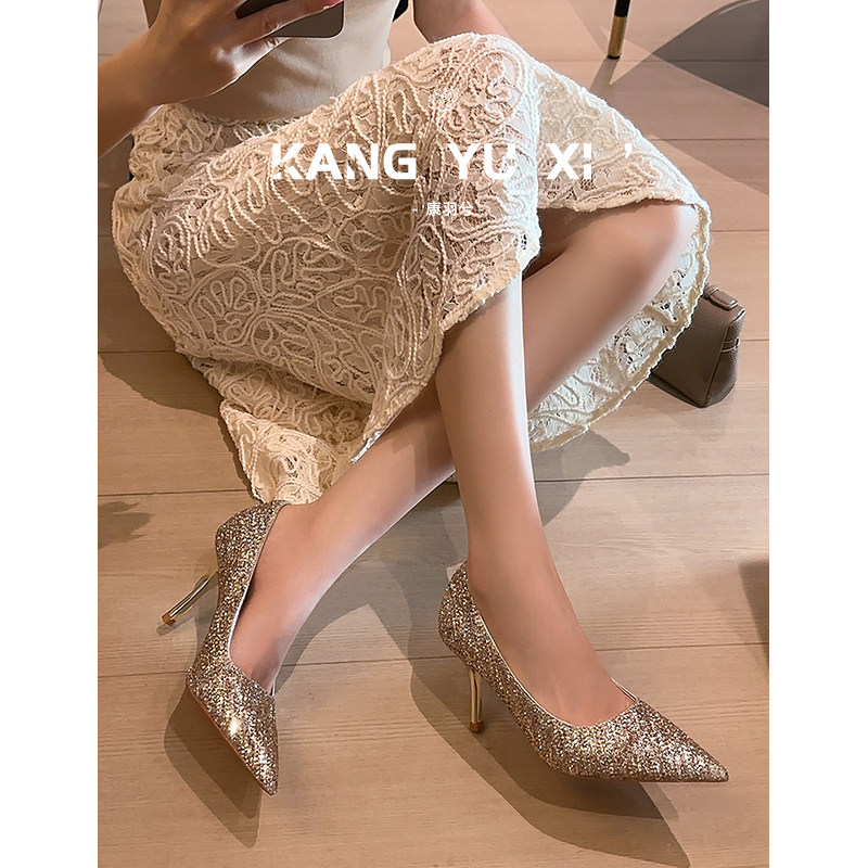 [明星同款]主婚纱订婚结婚鞋香槟金色高跟鞋女细跟2025年新款水晶
