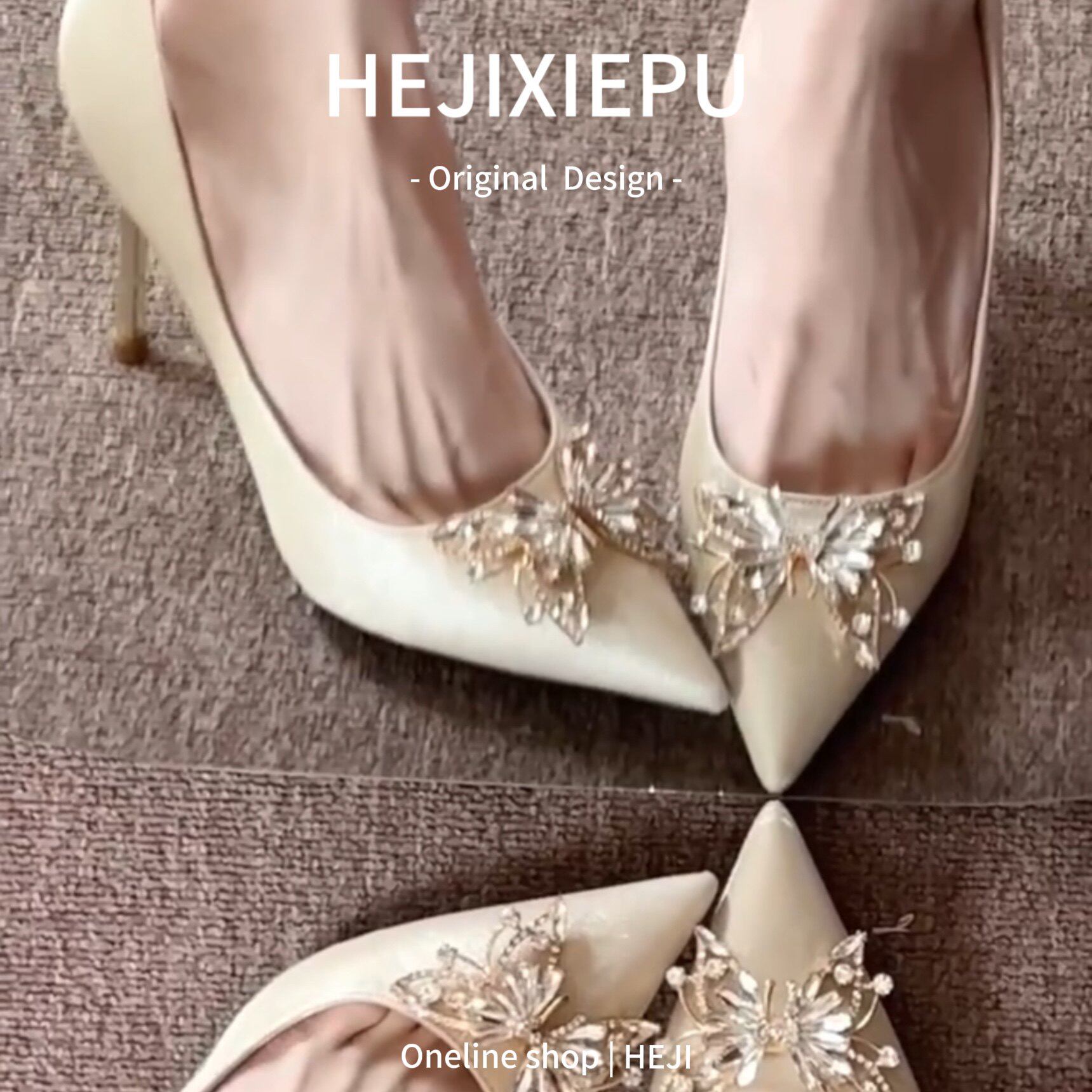 [明星同款]网红主婚纱新娘婚鞋女新款法式香槟色秀禾水晶水钻蝴蝶