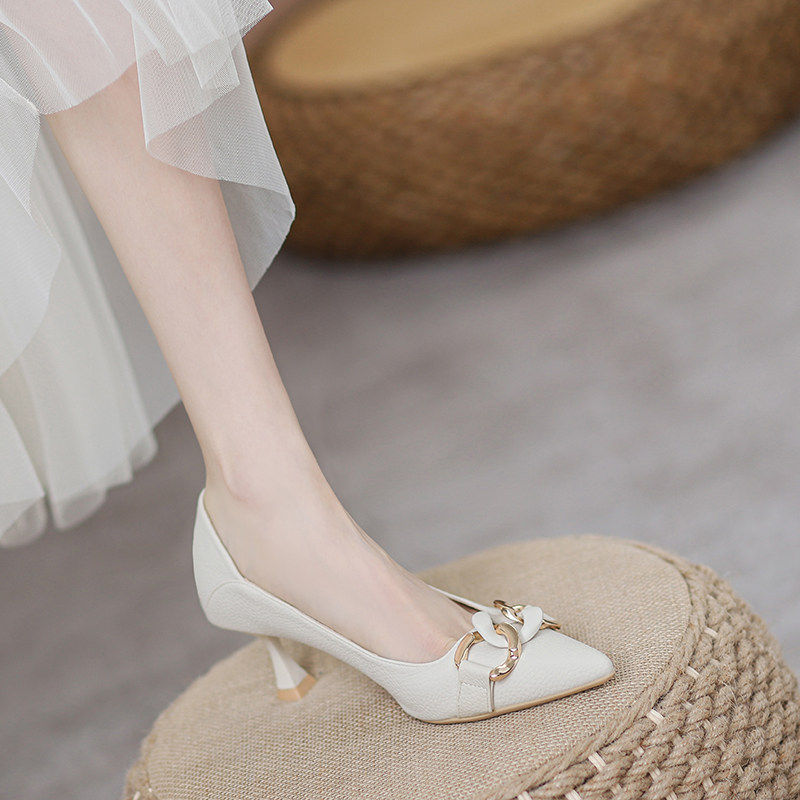 [明星同款]米白色高跟鞋女细跟2026年春秋新款主持礼仪小跟尖头浅,女鞋,浅口单鞋,淘宝优惠券,粉丝福利购,淘宝优惠卷
