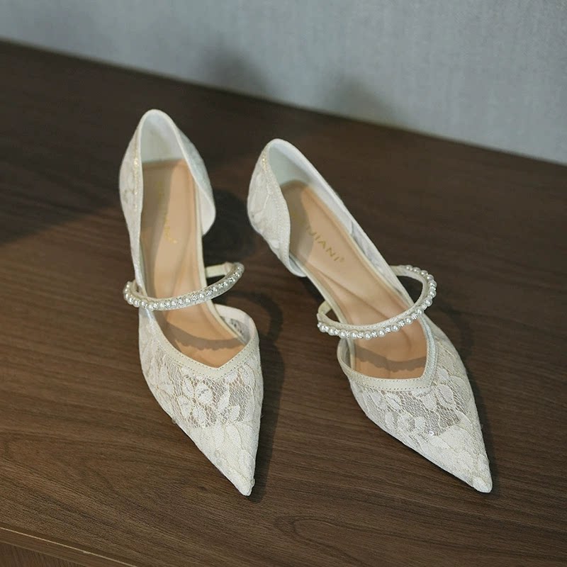 [明星同款]5cm白色高跟鞋女2025年春季新款气质低跟不累脚蕾丝婚