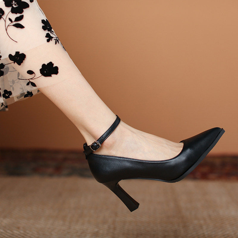 [明星同款]真皮粗跟一字扣带高跟鞋女旗袍走秀防水台中跟黑色职业