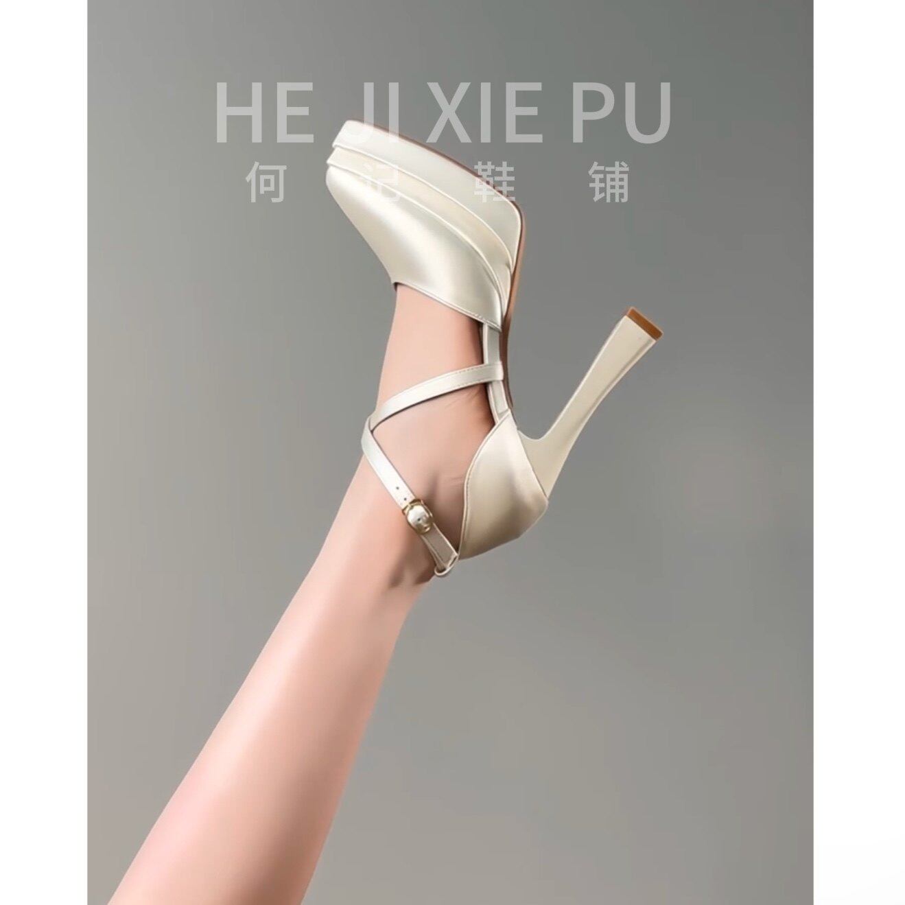 [明星同款]新款交叉带防水台高跟鞋女缎面粗跟尖头单鞋不累脚12cm