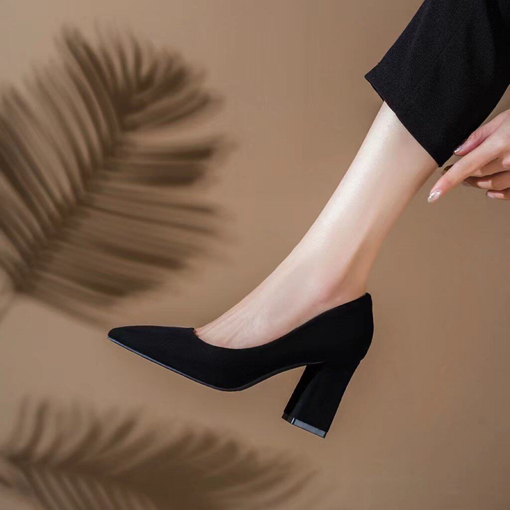 [明星同款]礼仪高跟鞋女学生空乘久站不累脚软底通勤职业粗跟黑色