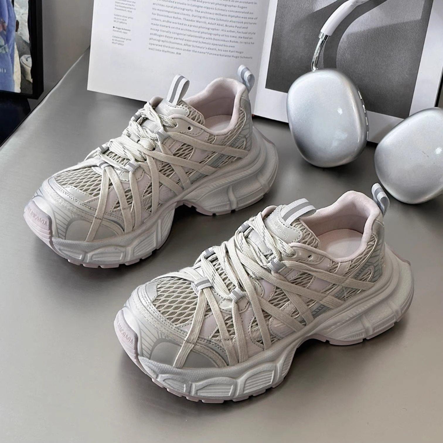 [明星同款]韩风银灰色网面老爹鞋 少女系交叉绑带厚底休闲运动鞋,女鞋,老爹鞋,淘宝优惠券,粉丝福利购,淘宝优惠卷