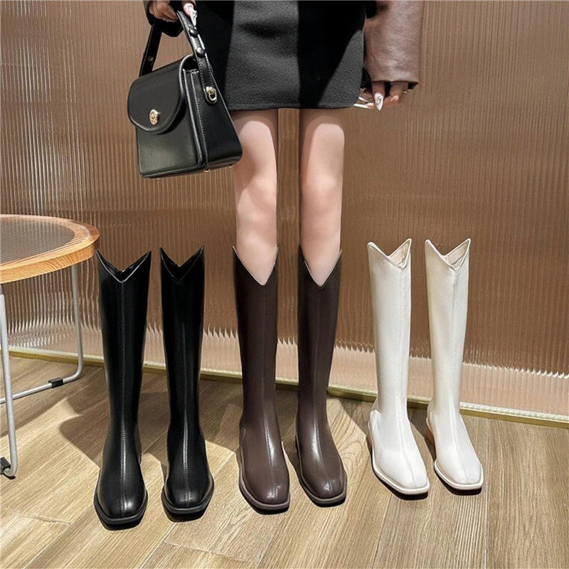 [明星同款]真皮棕色v口长筒靴女不过膝高筒骑士靴2026秋季新款粗,女鞋,骑士靴,淘宝优惠券,粉丝福利购,淘宝优惠卷