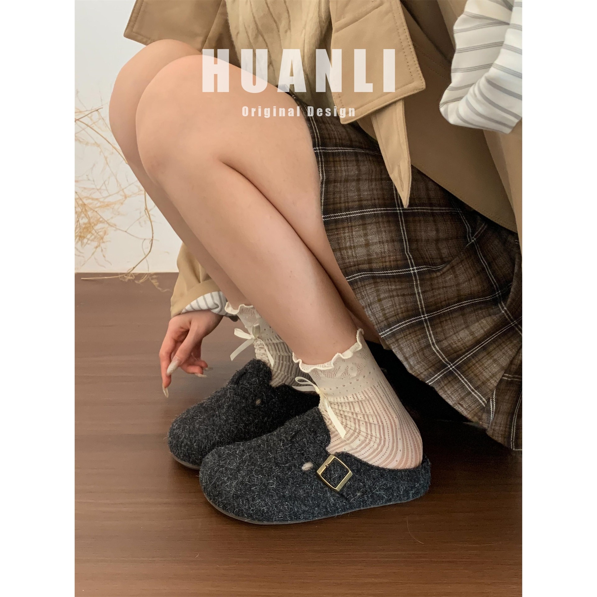 [明星同款]增高5CM灰色毛呢勃肯鞋女外穿2025新秋冬复古厚底小个,女鞋,包头拖,淘宝优惠券,粉丝福利购,淘宝优惠卷