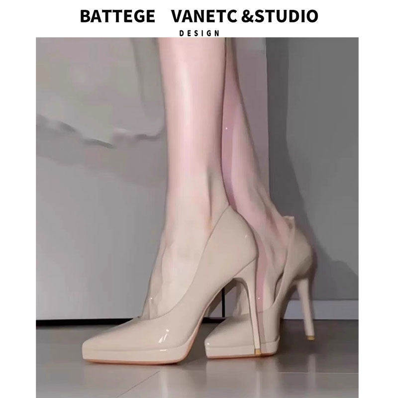 [明星同款]裸色防水台高跟鞋女2026秋季新款真皮红底细跟百搭性感