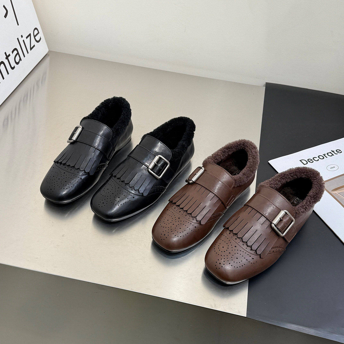 [明星同款]复古皮带扣加绒平底小皮鞋女2025冬新款方头流苏布洛克,女鞋,深口单鞋,淘宝优惠券,粉丝福利购,淘宝优惠卷