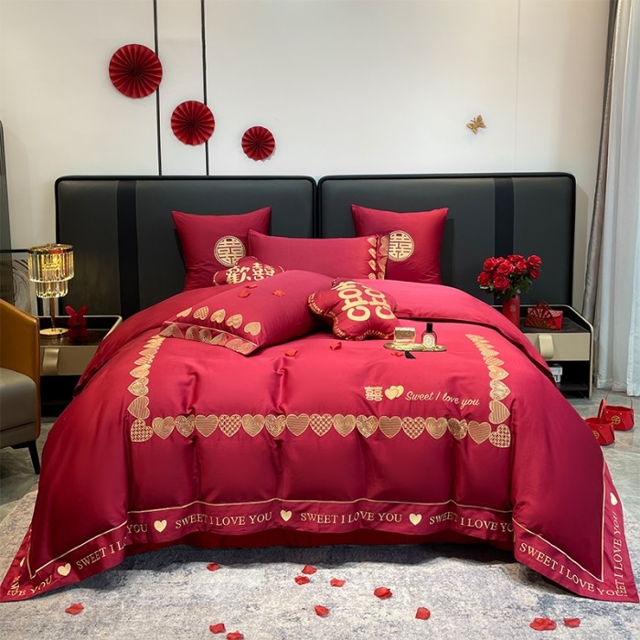 高定轻奢长绒棉全棉大红婚庆重工刺绣结婚喜庆床单被套床品四件套,床上用品,婚庆床品套件,淘宝优惠券,粉丝福利购,淘宝优惠卷