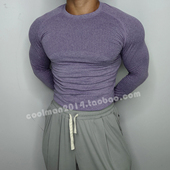 美式 T恤男秋衣户外运动训练上衣圆领肌肉男骑行打底 提花健身长袖