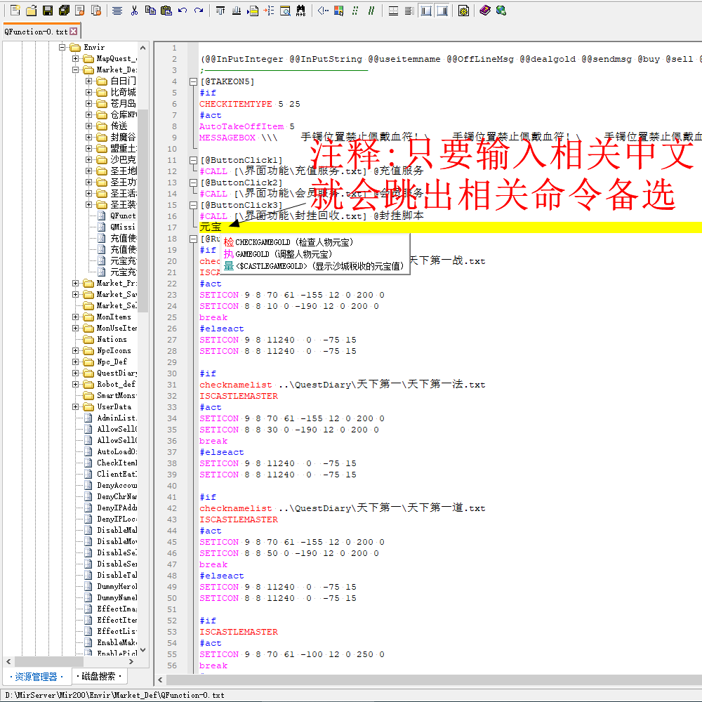 【传奇GM工具】中文脚本编辑器〓输入中文可弹出命令-配视频教程