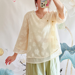 中式复古文艺v领盘扣上衣女夏装中国风茶服七分袖双层雪纺纱衬衫
