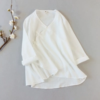 Văn học retro gió quốc gia khóa áo nữ cotton quần áo Zen quần áo trà quần áo bảy điểm tay áo mùa hè Phật quần áo phụ nữ - Áo sơ mi sơ mi nhung