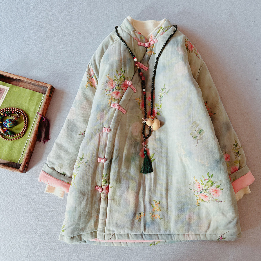 新中式斜襟盘扣棉衣国风植物染印花中长款立领棉服棉袄棉袍女冬装,女装/女士精品,棉衣/棉服,淘宝优惠券,粉丝福利购,淘宝优惠卷