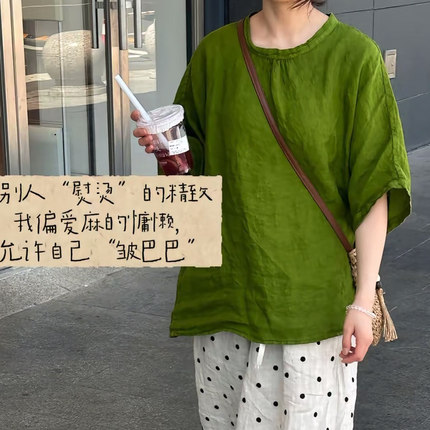 生态亚麻系列[一粒扣上衣]金禧家正品100%亚麻设计款宽松短袖上衣
