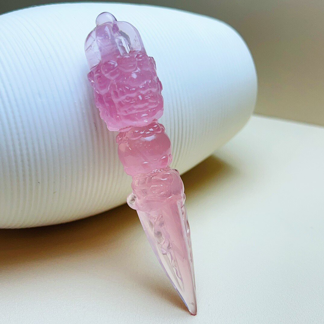天然海蓝宝法器9股金刚杵金刚橛降魔杵吊坠把件原石精雕粉色水晶