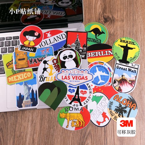 包邮20张世界名胜旅行箱包笔记本电脑macbook贴纸防水可移不留胶