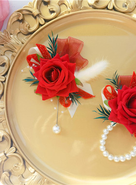 白色红色绒面玫瑰仿真胸花襟花手腕花 新娘伴娘父母森系手花飘带