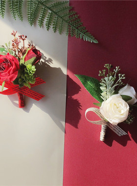 红色白色 玫瑰仿真花胸花手腕花手花新郎新娘父母商务开业嘉宾花