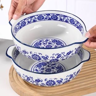家用陶瓷双耳碗水煮鱼酸菜鱼碗汤盆防烫手汤碗 青花瓷10.5英寸中式
