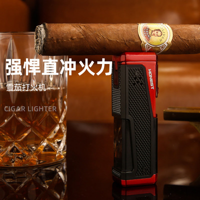 雪茄多功能工具顶部烟托底部雪茄刀透明气仓百诚四直冲充气打火机