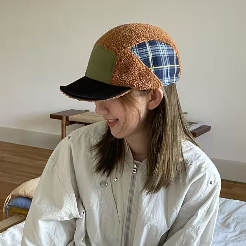 羊毛保暖新款拼色格子鸭舌帽休闲