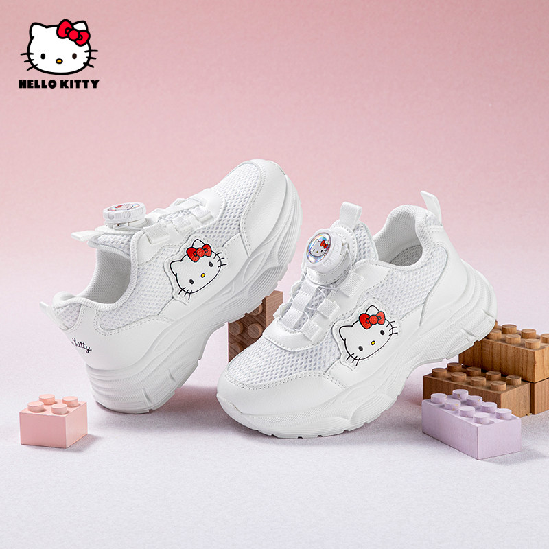 凯蒂猫旋钮扣运动白鞋2026春秋新款软底女童轻便老爹鞋网面小白鞋