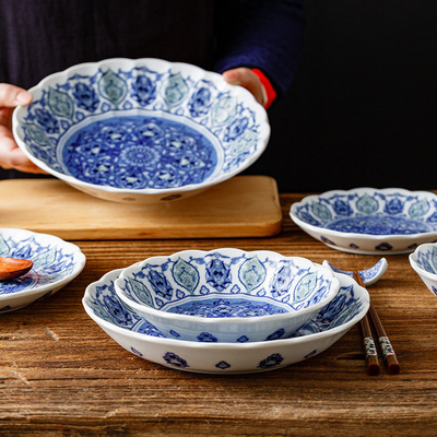 千代源原创餐具 日本进口华锦唐草纹陶瓷盘 釉下彩深盘花边盘