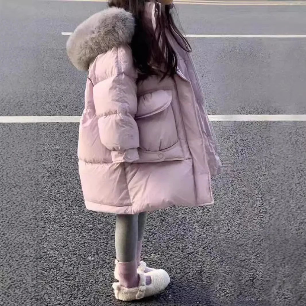 女童洋气大毛领棉袄加厚连帽棉服儿童中长款棉衣2025新款保暖外套